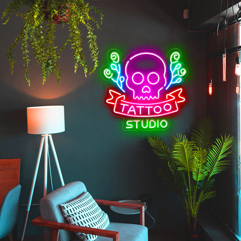 Skull Tattoo Studio LED Neon Sign