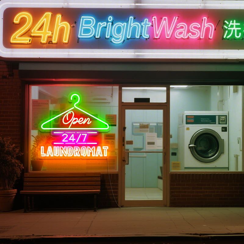 24/7 laundromat neon open signs