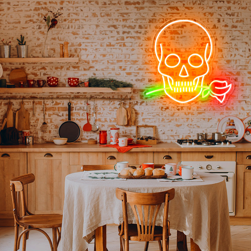 Funny skull rose neon
